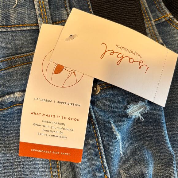 Isabel Denim Distressed 4" Shorts Maternity Midi Expandable Side Panel SZ 14 NWT - Picture 4 of 5